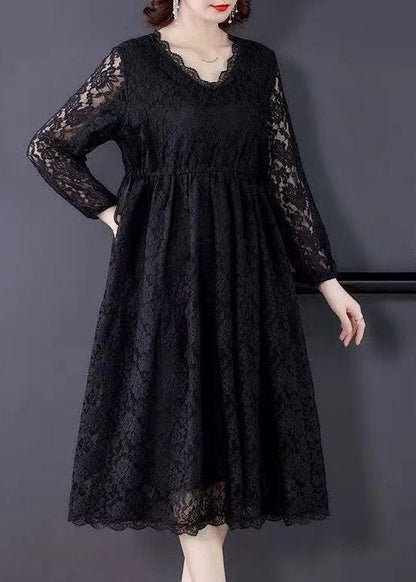 Black V Neck Hollow Out Exra Large Hem Lace Maxi Dresses Spring