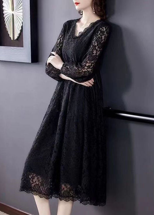Black V Neck Hollow Out Exra Large Hem Lace Maxi Dresses Spring