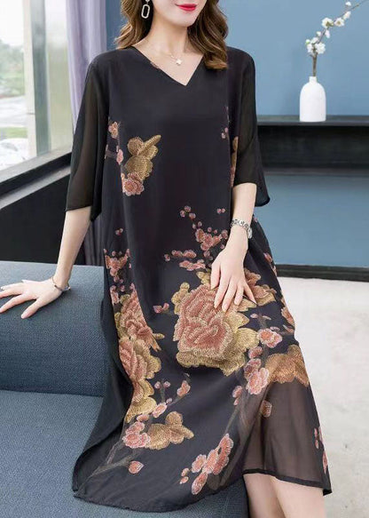 Black V Neck Print Patchwork Chiffon Dress Summer