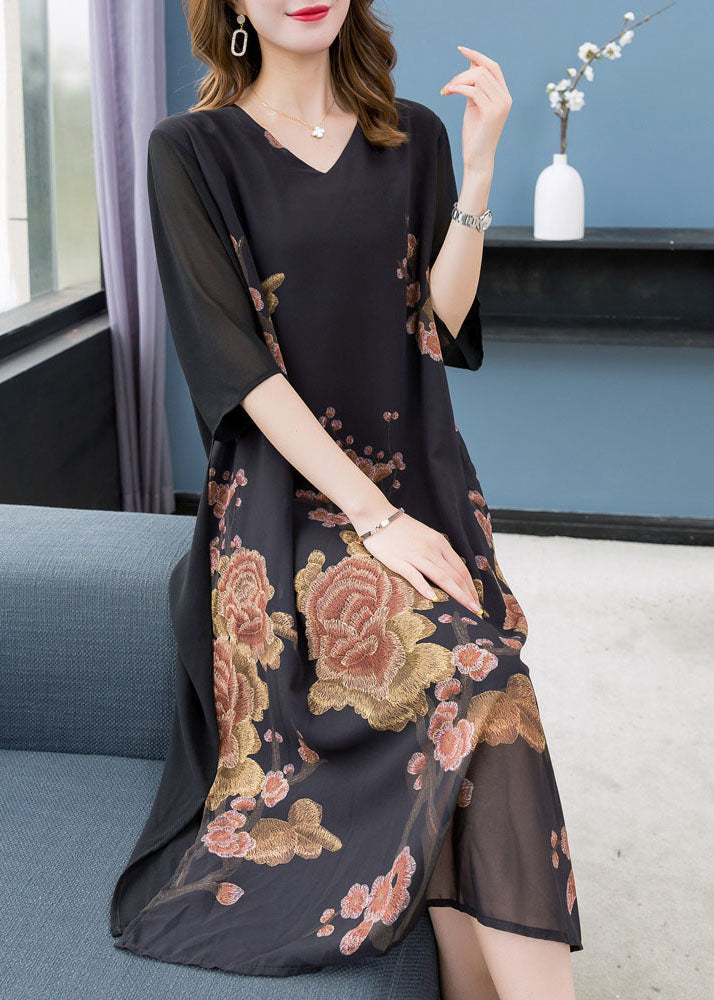 Black V Neck Print Patchwork Chiffon Dress Summer