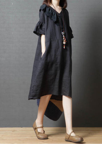 Black V Neck Asymmetrical Design Dress Flare Sleeve