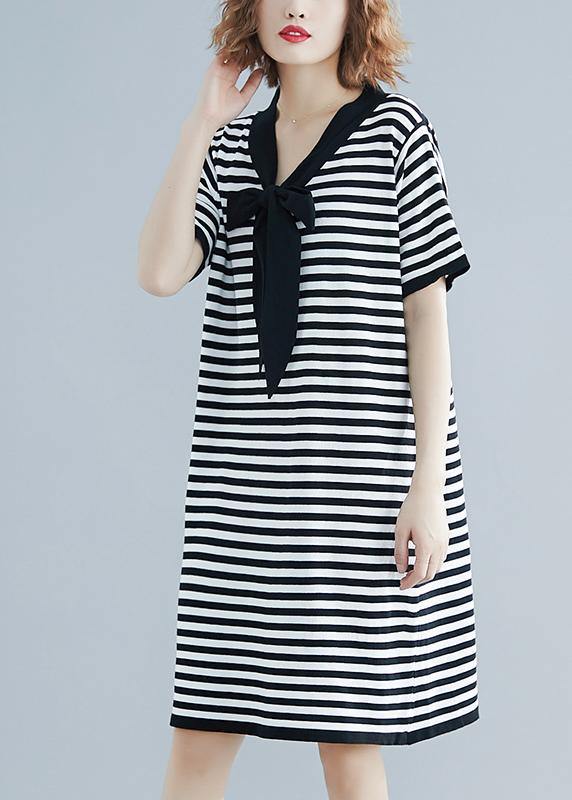 Black White Narrow Striped Short Sleeve Summer Cotton Dress