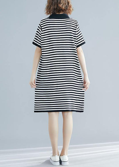 Black White Narrow Striped Short Sleeve Summer Cotton Dress