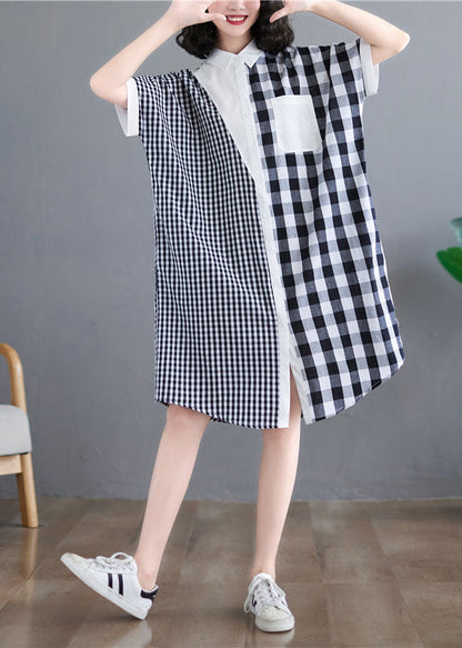 Black White Plaid Peter Pan Collar Asymmetrical Design Patchwork Cotton Shirt Dress Short Sleeve