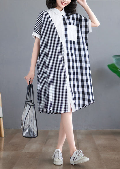 Black White Plaid Peter Pan Collar Asymmetrical Design Patchwork Cotton Shirt Dress Short Sleeve