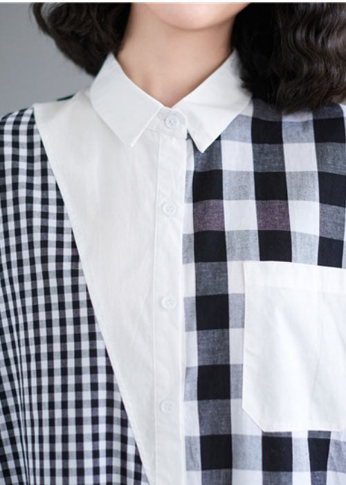 Black White Plaid Peter Pan Collar Asymmetrical Design Patchwork Cotton Shirt Dress Short Sleeve
