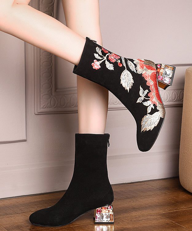 Black Zircon Embroidered Suede Chunky Boots