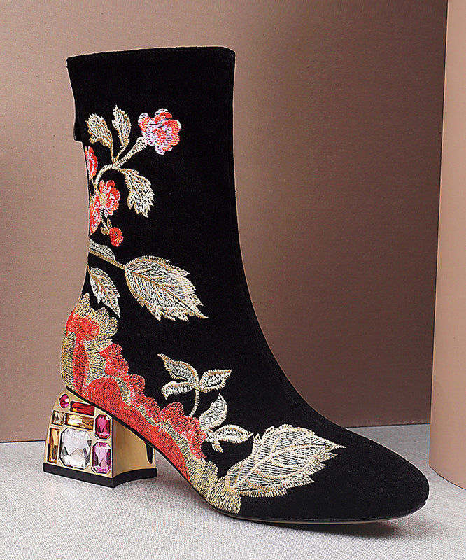 Black Zircon Embroidered Suede Chunky Boots