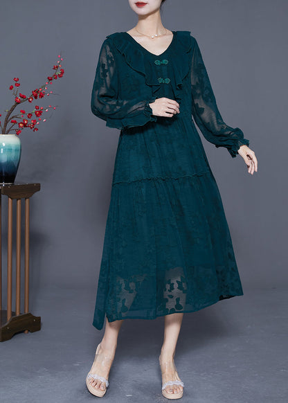 Blackish Green Ruffled Patchwork Silk Maxi Dress Summer
