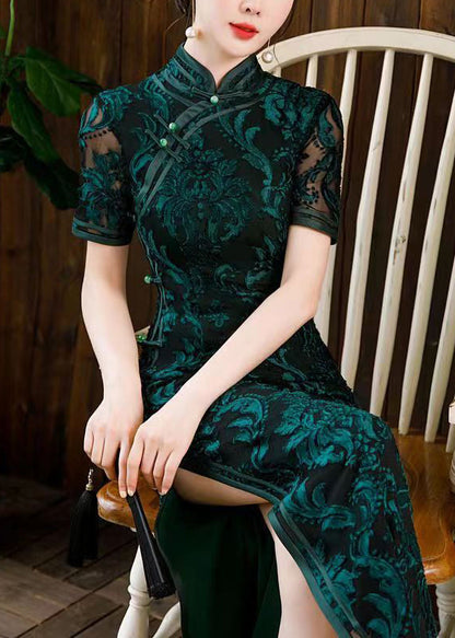 Blackish Green Stand Collar Side Open Silk Dress Short Sleeve