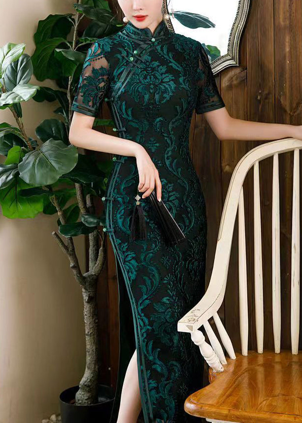 Blackish Green Stand Collar Side Open Silk Dress Short Sleeve