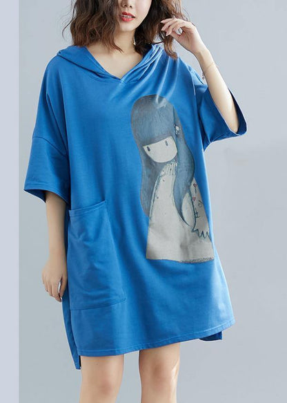 Blue Appliques Cotton Hooded Summer Party Dress