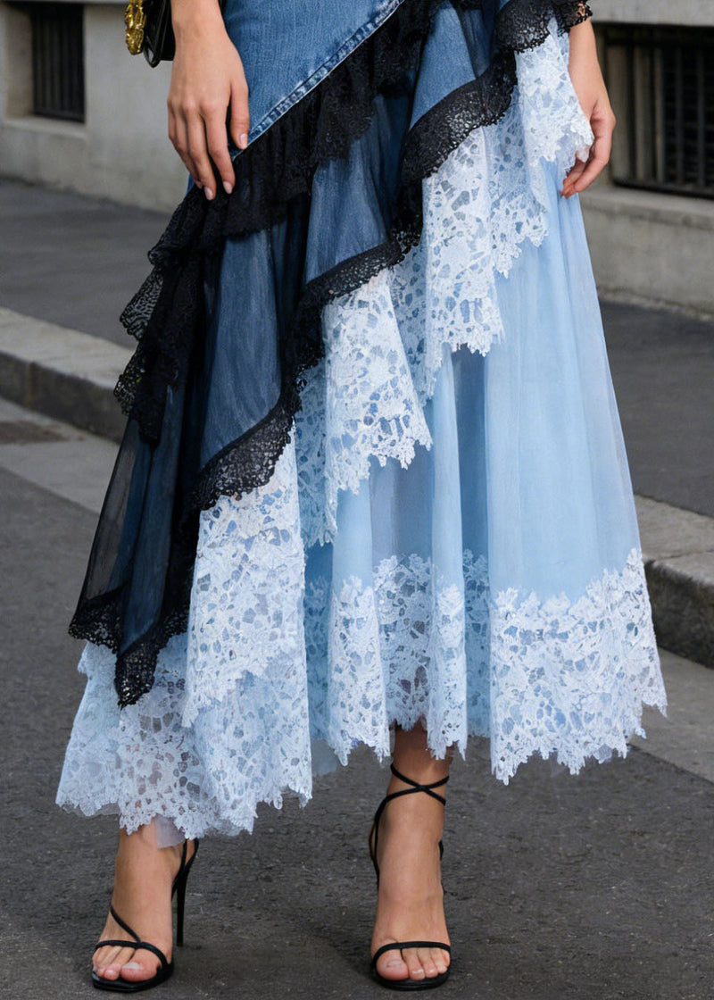 Blue Asymmetrical Lace Patchwork Denim Skirts Summer