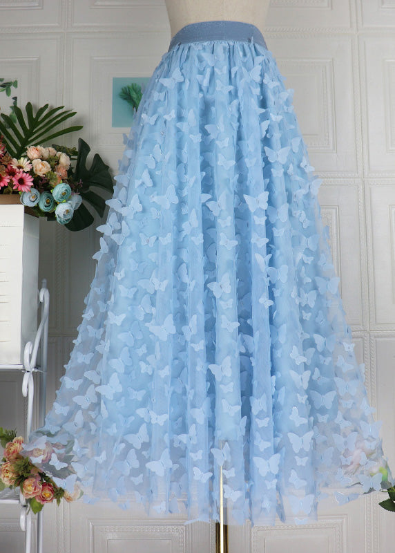 Blue Butterfly Embroideried High Waist Tulle Pleated Skirts Spring