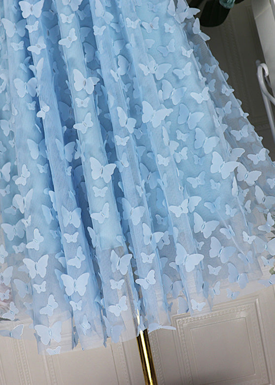 Blue Butterfly Embroideried High Waist Tulle Pleated Skirts Spring