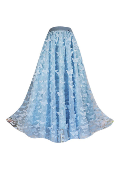 Blue Butterfly Embroideried High Waist Tulle Pleated Skirts Spring