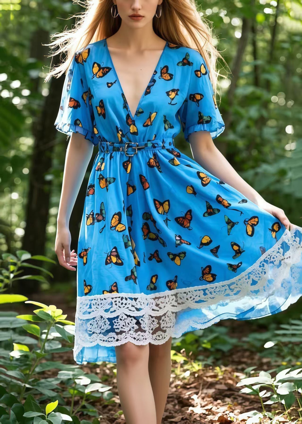 Blue Butterfly Patchwork Lace Mid Dress Summer