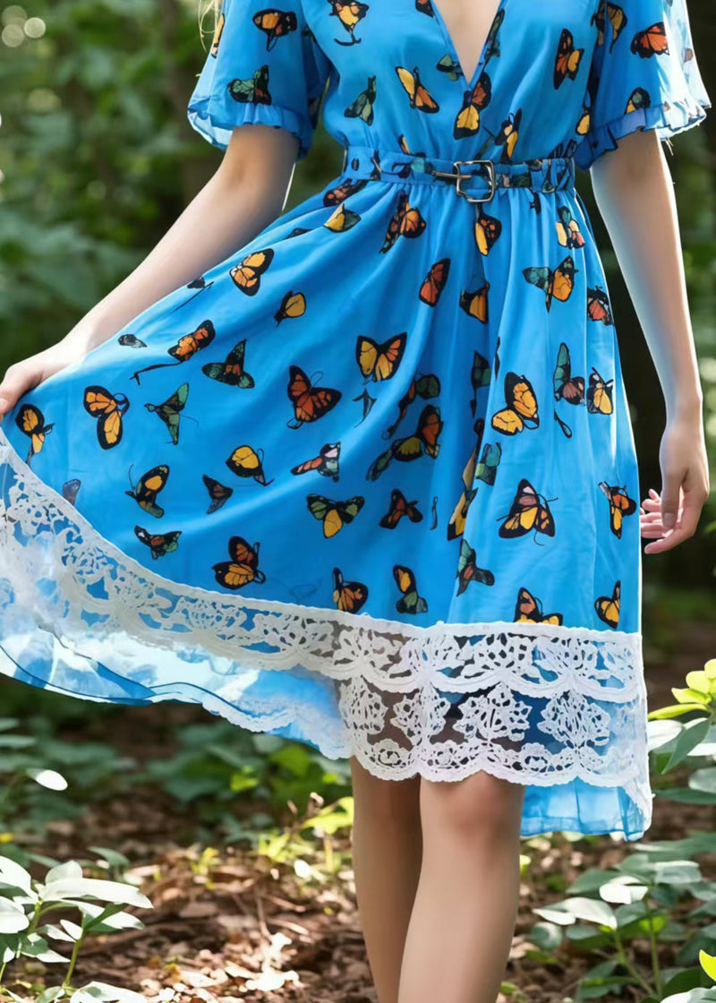 Blue Butterfly Patchwork Lace Mid Dress Summer