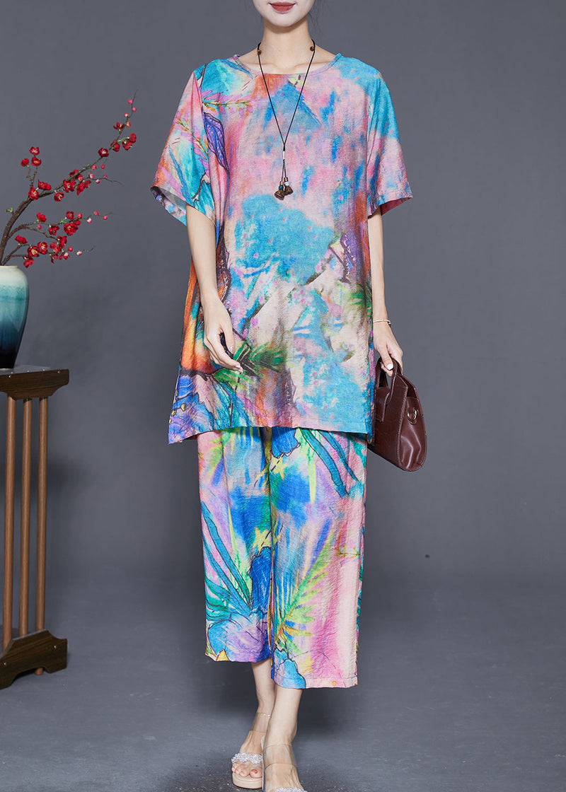 Blue Butterfly Tie Dye Linen Silk Two Piece Set Outfits Summer