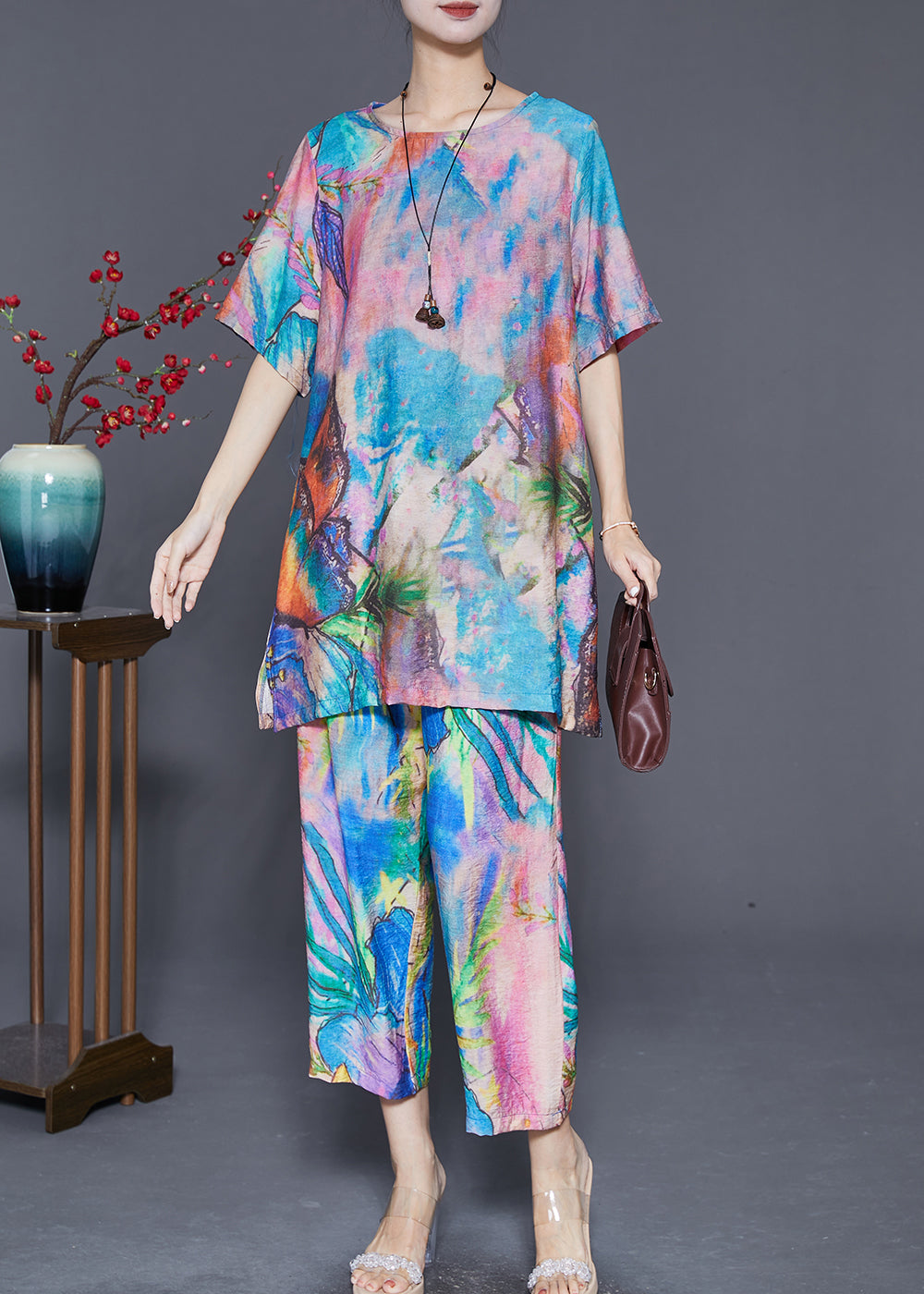 Blue Butterfly Tie Dye Linen Silk Two Piece Set Outfits Summer