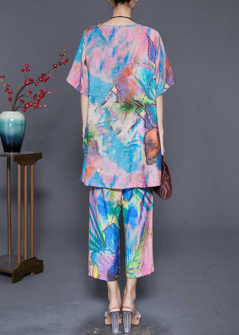 Blue Butterfly Tie Dye Linen Silk Two Piece Set Outfits Summer