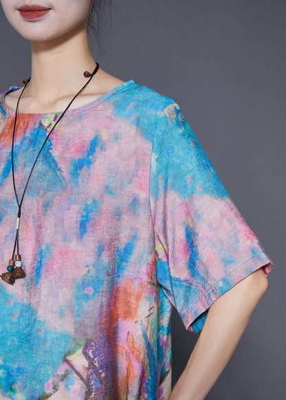 Blue Butterfly Tie Dye Linen Silk Two Piece Set Outfits Summer
