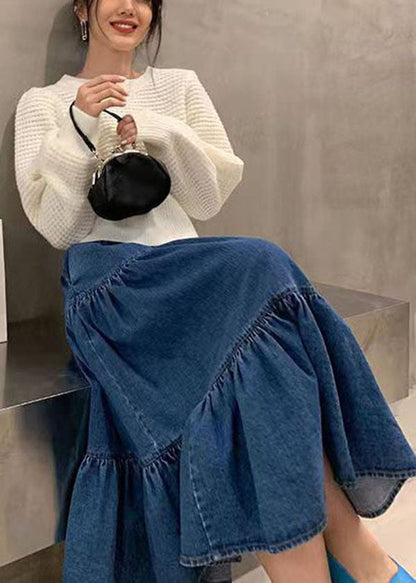 Blue Elastic Waist Patchwork Wrinkled Exra Large Hem Cotton a Line Skirt Summer