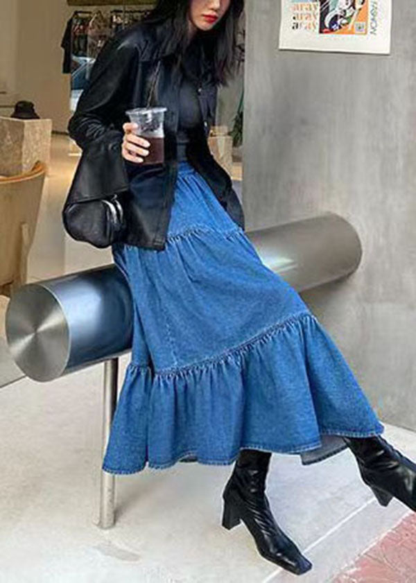 Blue Elastic Waist Patchwork Wrinkled Exra Large Hem Cotton a Line Skirt Summer