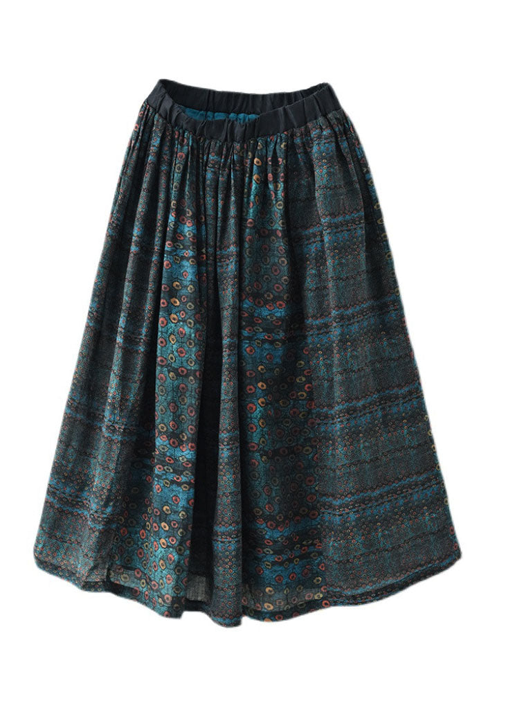 Blue Elastic Waist Print Patchwork Linen Skirts Summer
