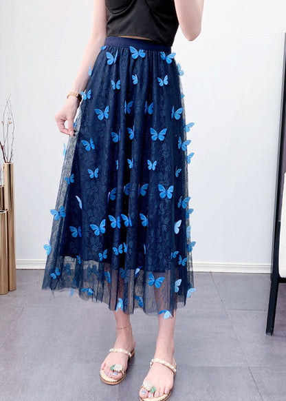 Blue Elastic Waist Tulle Jacquard Fall Skirt