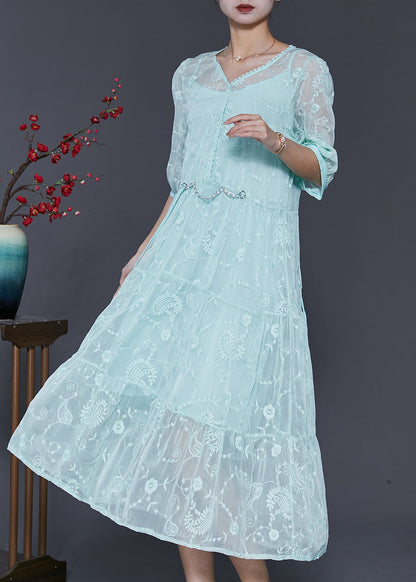 Blue Embroidered Silk Long Dress Half Sleeve
