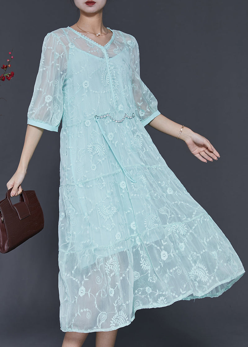 Blue Embroidered Silk Long Dress Half Sleeve