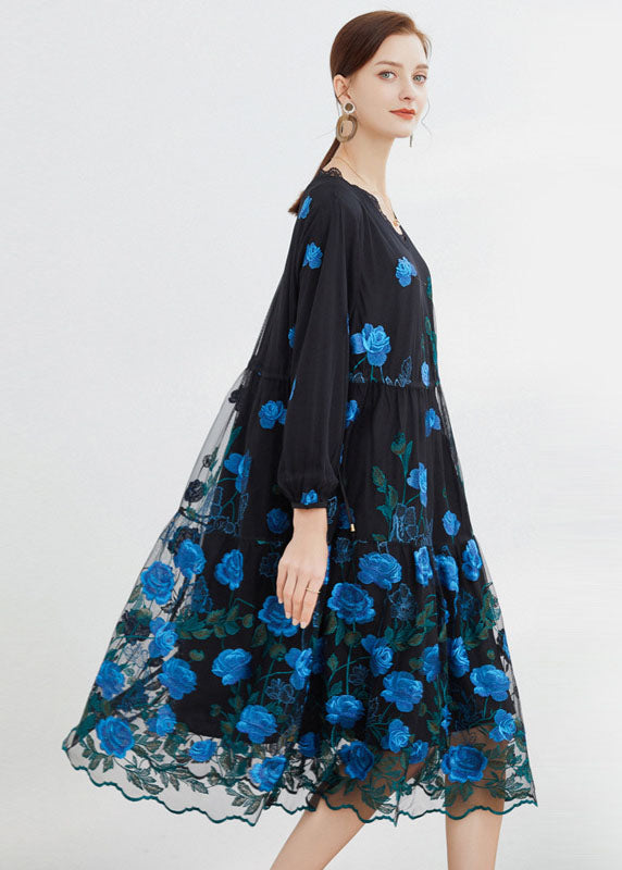 Blue Embroideried Tulle Long Dresses Long Sleeve