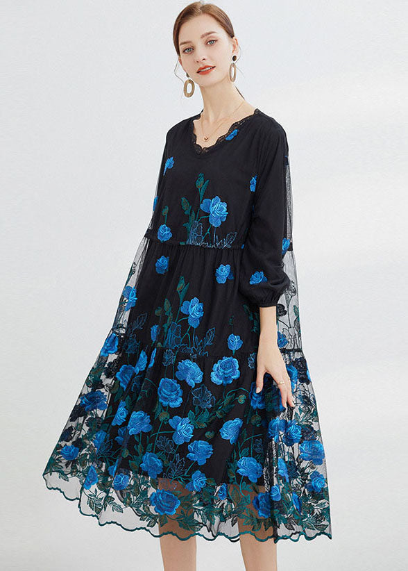 Blue Embroideried Tulle Long Dresses Long Sleeve