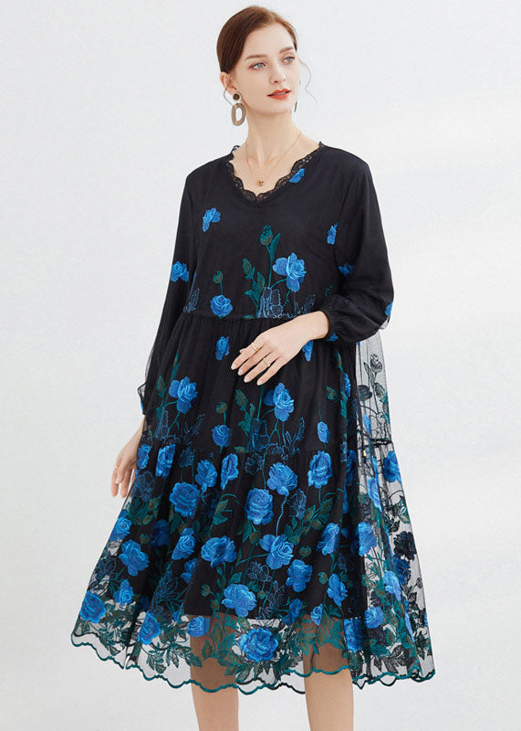 Blue Embroideried Tulle Long Dresses Long Sleeve