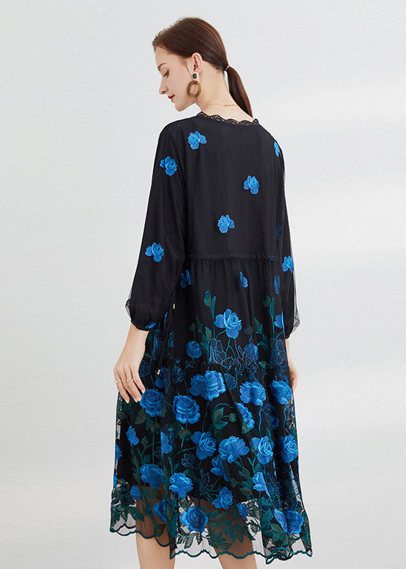 Blue Embroideried Tulle Long Dresses Long Sleeve