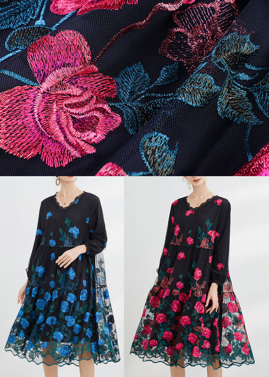 Blue Embroideried Tulle Long Dresses Long Sleeve