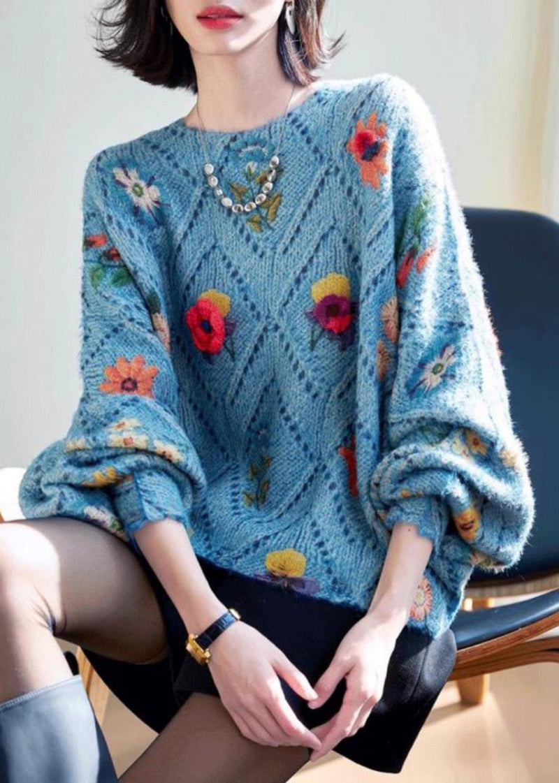 Blue Hollow Out Cotton Knit Sweater Tops Batwing Sleeve