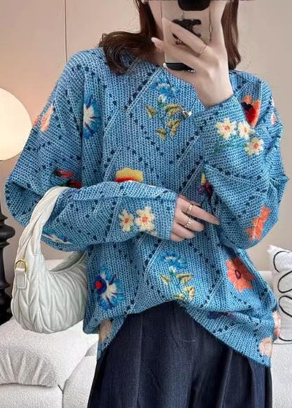 Blue Hollow Out Cotton Knit Sweater Tops Batwing Sleeve
