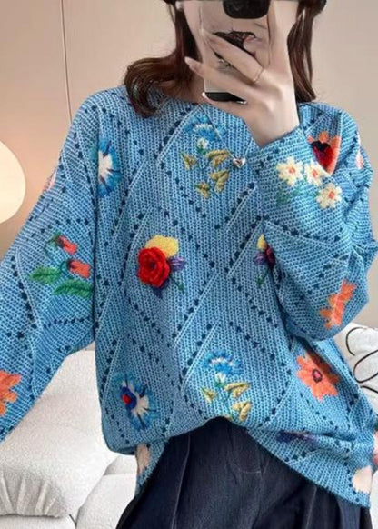 Blue Hollow Out Cotton Knit Sweater Tops Batwing Sleeve