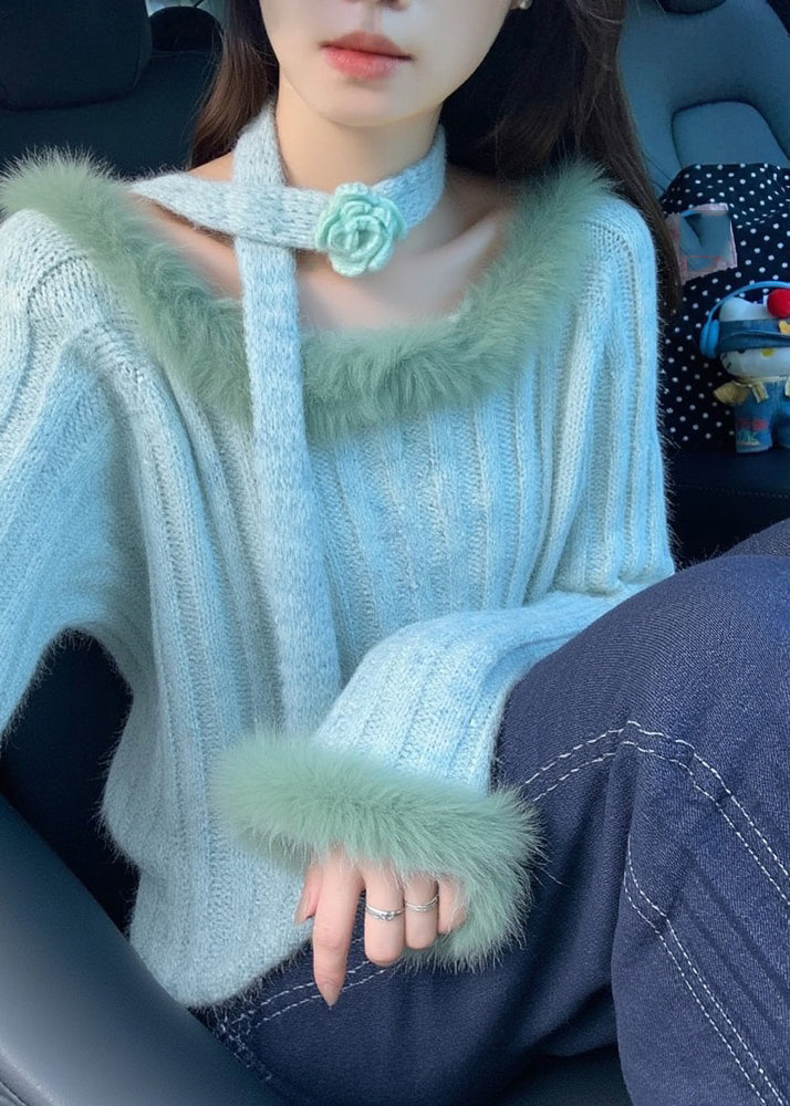 Blue Fur Collar Cozy Cotton Knit Sweaters Spring