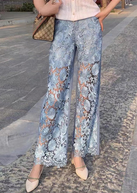 Blue Lace Patchwork High Waist Wide Leg Jeans Summer
