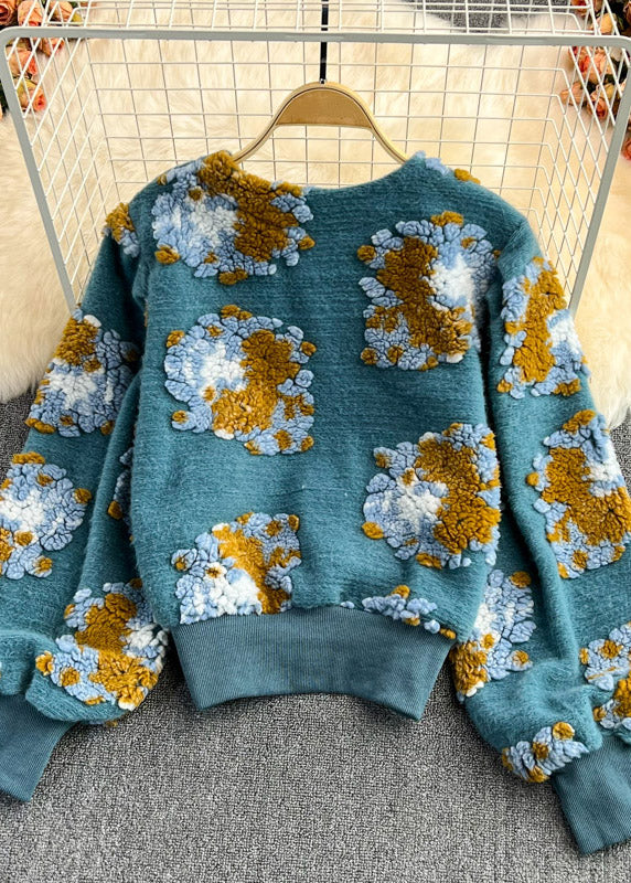 Blue O-neck Fluffy Button Knit Sweaters Spring