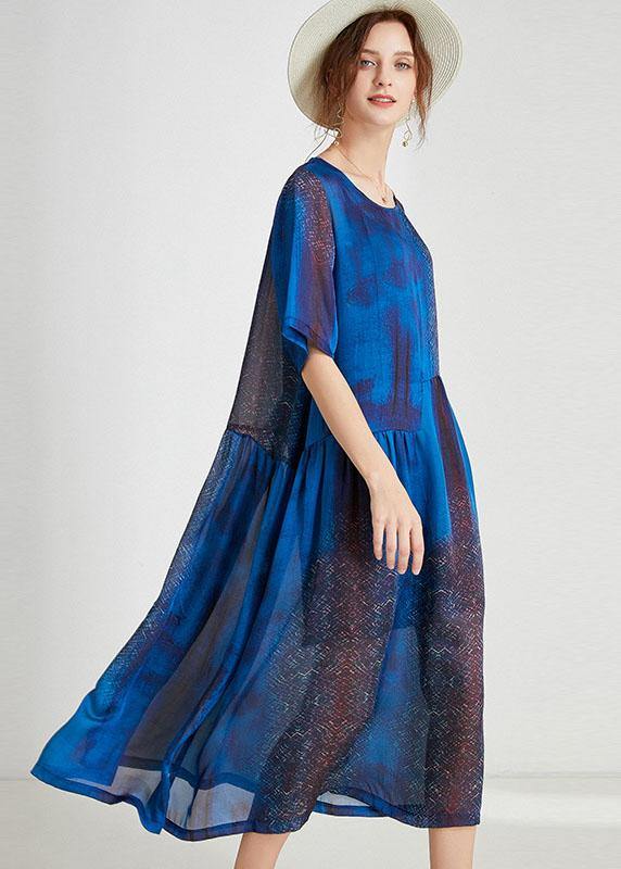 Blue O-neck Patchwork Summer Dresses Half Sleeve