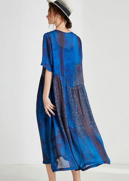 Blue O-neck Patchwork Summer Dresses Half Sleeve