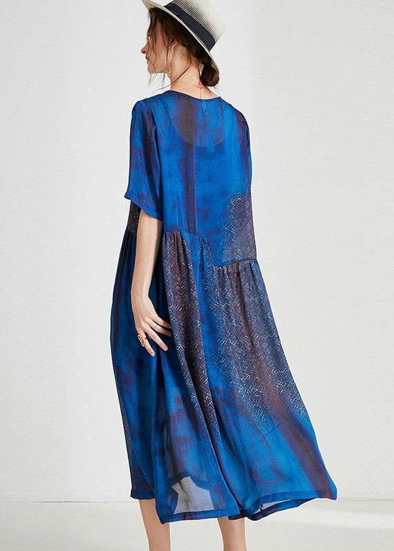 Blue O-neck Patchwork Summer Dresses Half Sleeve