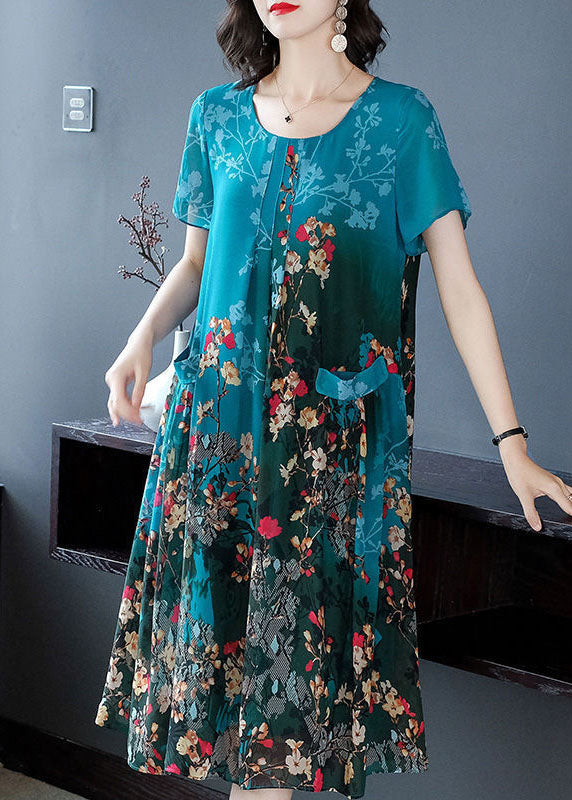 Blue O-neck Pockets Print Chiffon a Line Dress Short Sleeve