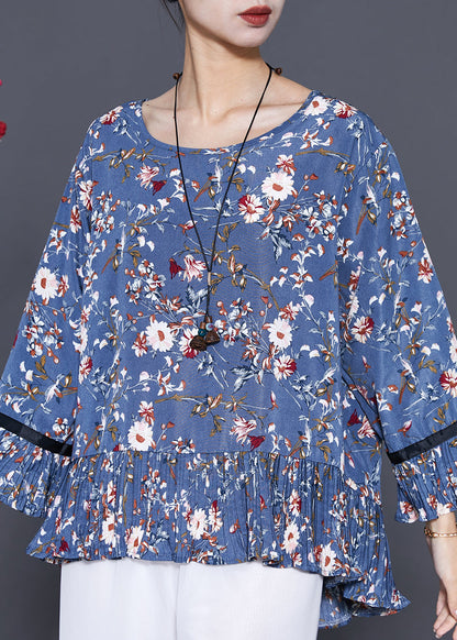 Blue O-neck Print Chiffon Blouse Top Summer