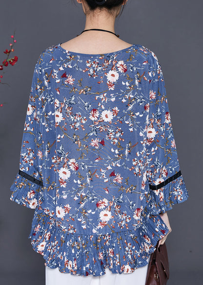 Blue O-neck Print Chiffon Blouse Top Summer