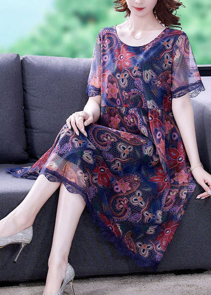Blue O Neck Print Patchwork Tulle Dresses Summer